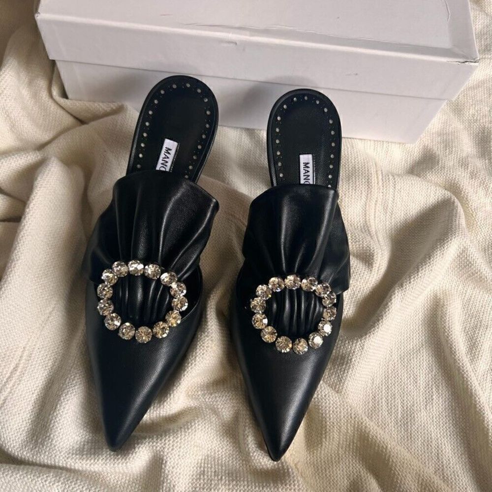 Manolo Blahnik Capitana Leather Buckle Mules Black 36 NEW - Picture 2 of 14